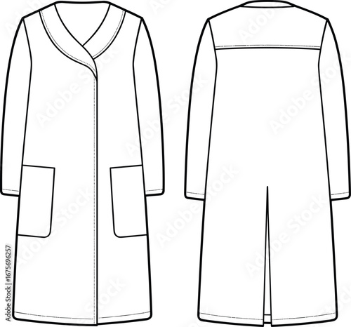 Flat sketch of women’s long coat with shawl collar, front patch pockets, back yoke and slit, CAD fashion vector illustration