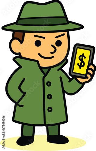 Shrewd cartoon detective or spy in a trench coat and fedora, holding a phone with a dollar sign, representing financial investigation, secrets, or illicit money.