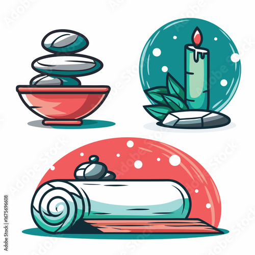 Spa elements stones, candle, rolled towel, leaf