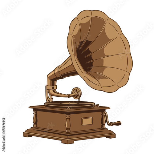 A vintage gramophone, showcasing its elaborate horn and wooden base, evokes a nostalgic ambiance.