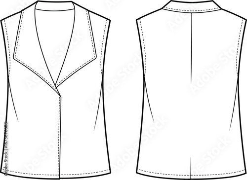 Sleeveless vest with wide lapel collar, front closure, back seam detail, fashion CAD drawing, flat vector illustration, front and back view design