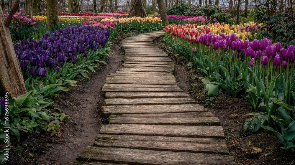 Obraz premium Serene Garden Pathway Surrounded by Colorful Tulips in Bloom on a Bright Spring Day
