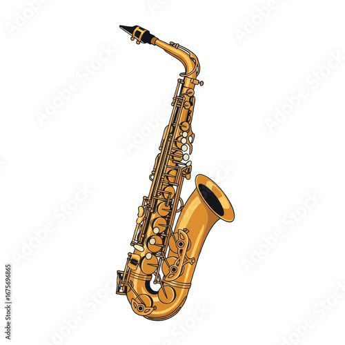 A golden saxophone, angled against a stark black backdrop, showcasing intricate details.