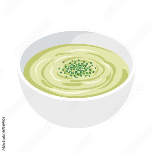 Creamy, light-green soup in a white bowl, garnished with fresh herbs, presented in an appetizing illustration.