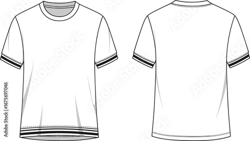 T-shirt, short sleeve, crew neck, flat sketch, fashion CAD, garment design, vector illustration, apparel template, technical drawing, white tee, clothing mockup