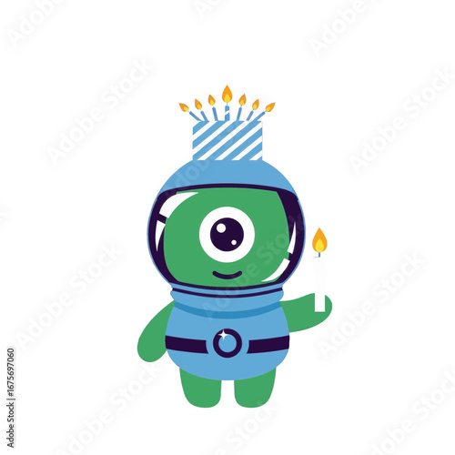 A cheerful, cartoon alien astronaut, dressed in light blue space suit, wearing a cake-decorated helmet, and holding a candle, radiates a joyful birthday vibe.