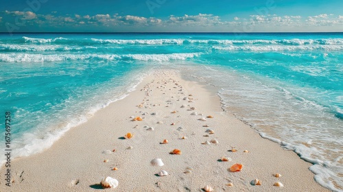 Serene Beach Pathway with Golden Sand, Vibrant Turquoise Waves, and Tranquil Sky in a Tropical Paradise Setting