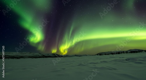 Wallpaper Mural Northern lights emerging under golden sunset sky, snow glistening softly Torontodigital.ca
