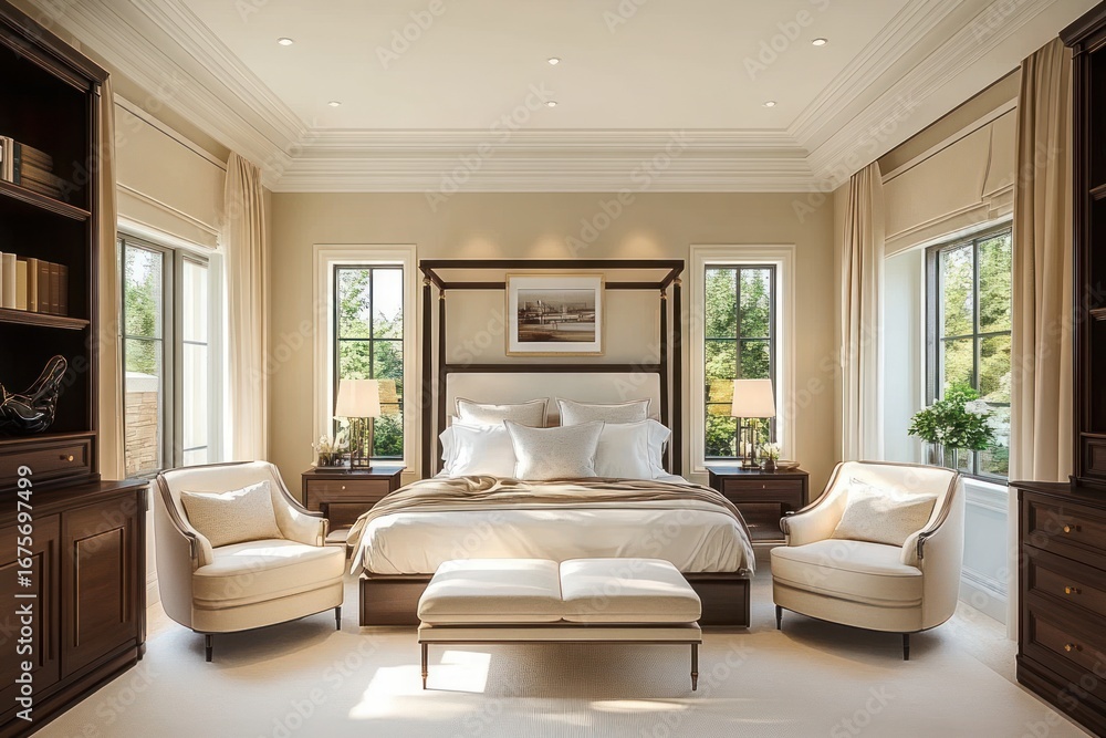 Fototapeta premium Bright and elegant bedroom with a large bed, two armchairs, ottoman, wooden furniture, large windows with scenic outdoor views, and soft ambient lighting