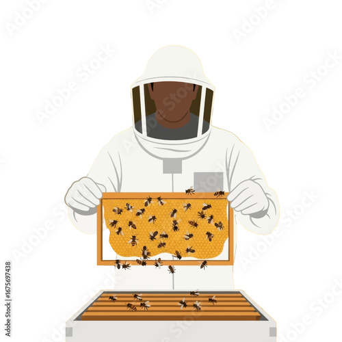 A beekeeper carefully handles a honeycomb frame filled with busy bees.