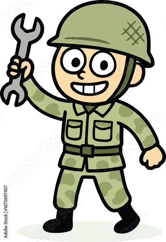Happy Soldier Holding a Wrench, a Cheerful Character Symbolizing Maintenance, Military Engineering, and Mechanical Support.