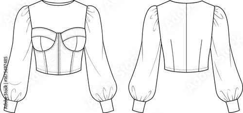Women’s puff sleeve cropped bustier top, square neckline, fitted cuffs, structured bodice, fashion CAD drawing flat vector illustration