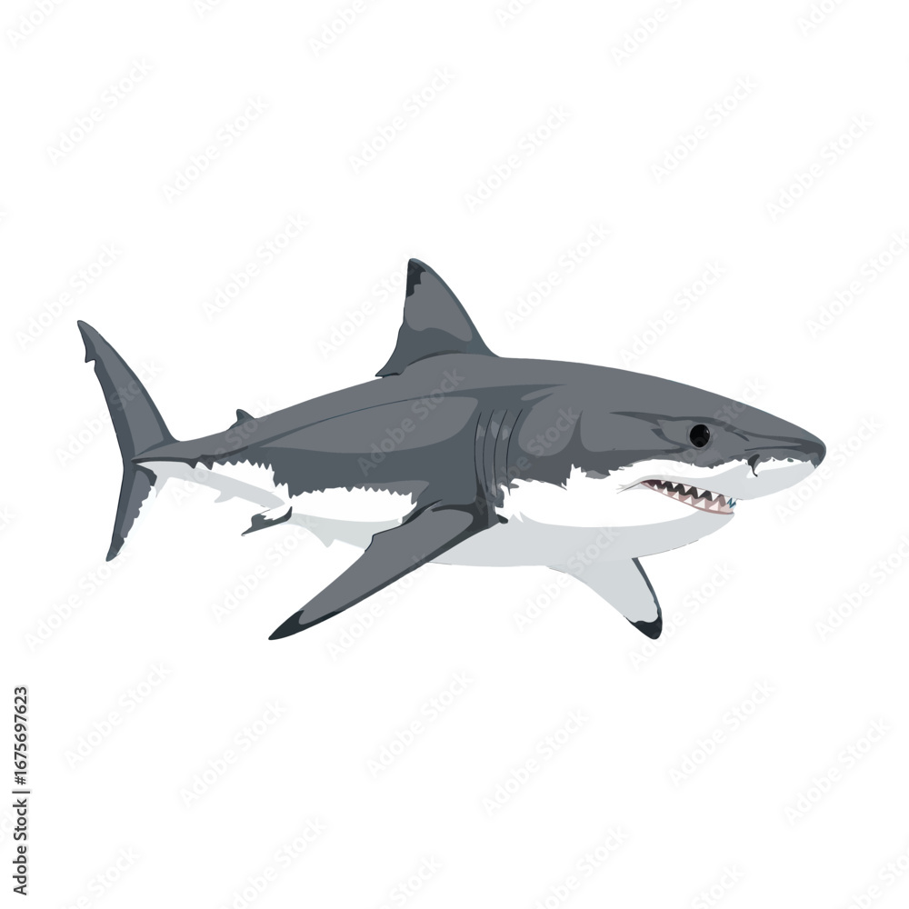 Obraz premium A stylized illustration of a great white shark against a stark black background, showcasing its powerful form and sharp teeth.