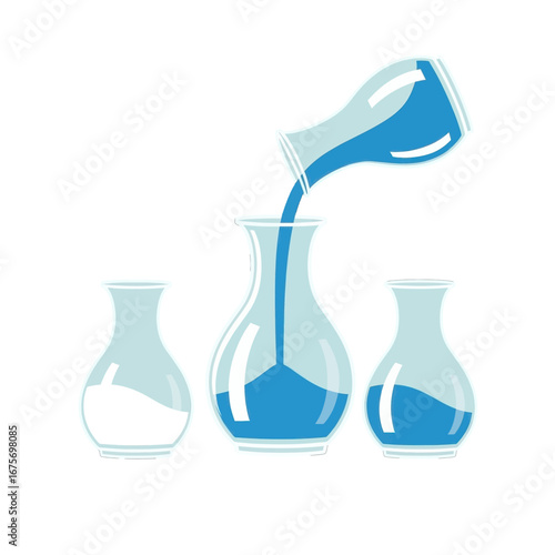 A depiction of liquid being poured into various sized vases, showcasing a simple yet elegant visual.