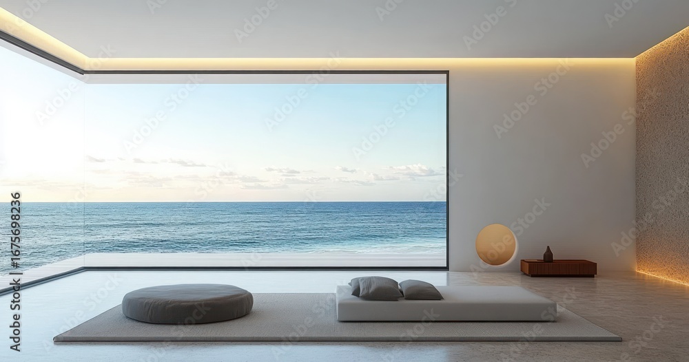 Fototapeta premium Minimalist modern interior room with low seating cushions and large floor-to-ceiling windows overlooking a calm ocean under a clear sky at sunset