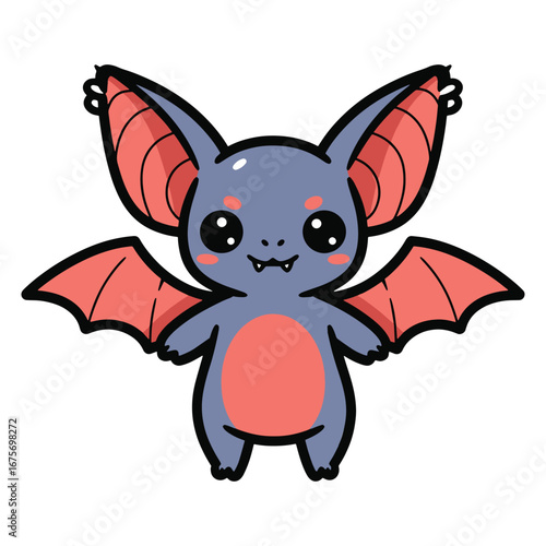 Cute cartoon bat with big eyes and adorable smile ready to fly