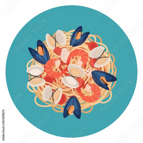 Colorful illustration of a plate of spaghetti with seafood, including shrimp, clams, and mussels, arranged in a visually appealing design.