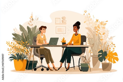Manager and neurodiverse employee engaging in a constructive discussion during a collaborative meeting in a vibrant office setting filled with plants