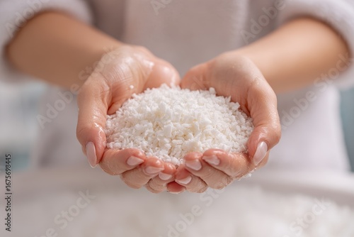 Woman holds white magnesium chloride flakes in hands, showcasing texture and purity, highlighting the natural mineral's applications and benefits for various uses