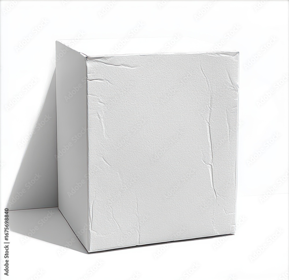Naklejka premium Plain white rectangular box with visible creases casting a shadow on a white surface, suggesting minimalistic and neutral packaging