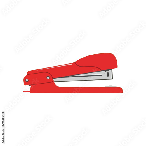 A red stapler is depicted against a black background.