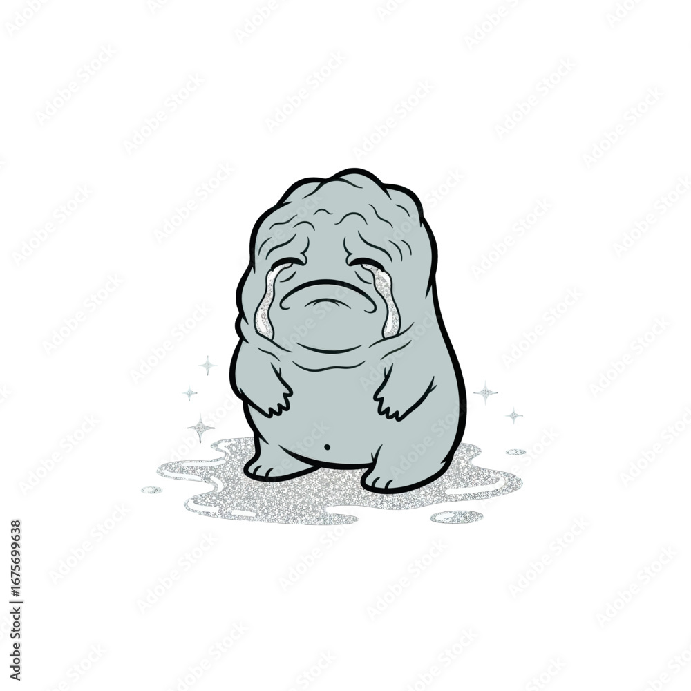 Fototapeta premium A light gray, rounded creature, with teardrops, stands in a puddle of glittering silver, evoking a sense of sadness and vulnerability.