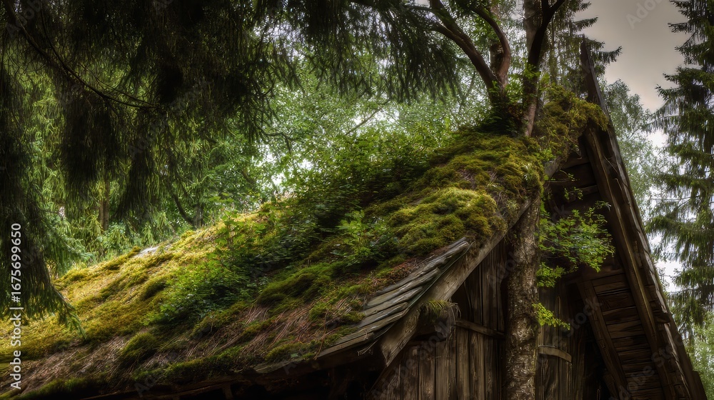 Fototapeta premium A moss-covered roof in a retro style, nestled in the heart of a wilderness area. The green moss creates a vintage aesthetic, blending nature and architecture in a peaceful, natural setting
