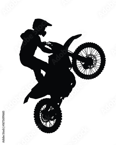 Dynamic silhouette vector of a motocross rider performing a wheelie on a dirt bike silhouette vector illustration white background