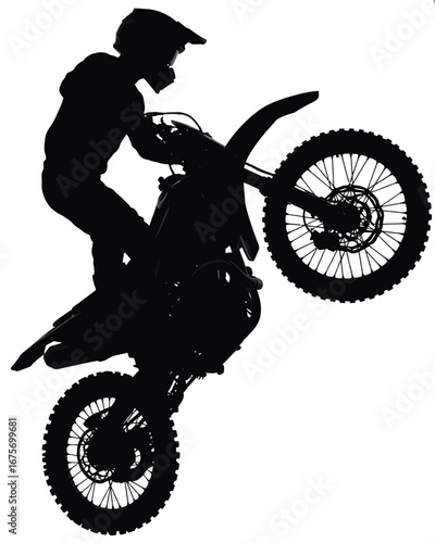 Silhouette of a motocross rider performing a wheelie in a dynamic illustration silhouette vector illustration white background