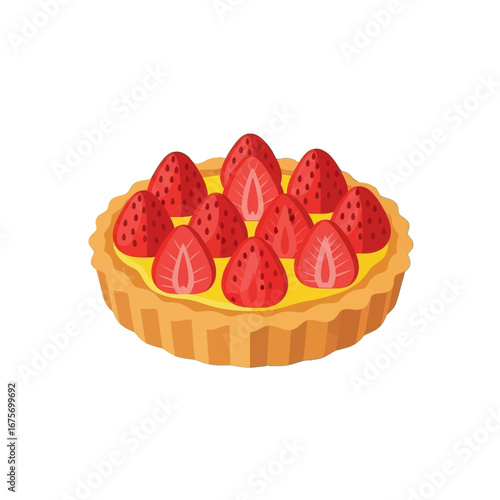 A colorful illustration of a delicious strawberry tart, showcasing a vibrant yellow custard filling and numerous fresh strawberries.