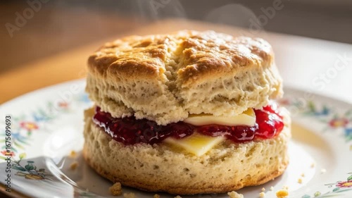 Wallpaper Mural Delicious Homemade Biscuit with Layered Strawberry Jam and Creamy Cheese, Perfect for Breakfast or a Snack with Steam Rising in the Air Torontodigital.ca