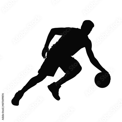 Silhouette vector graphic of a basketball player dribbling the ball action sport illustration silhouette vector illustration white background