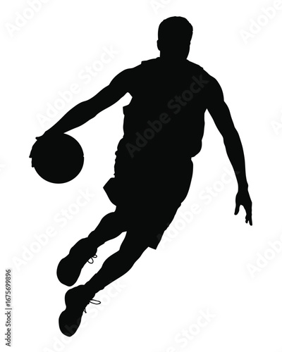 Silhouette vector illustration of a basketball player dribbling for sports and action designs silhouette vector illustration white background