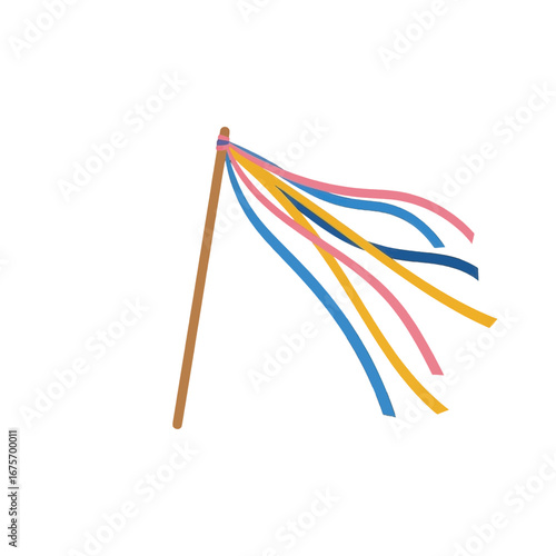 Colorful ribbons extend from a wooden stick against a black backdrop.