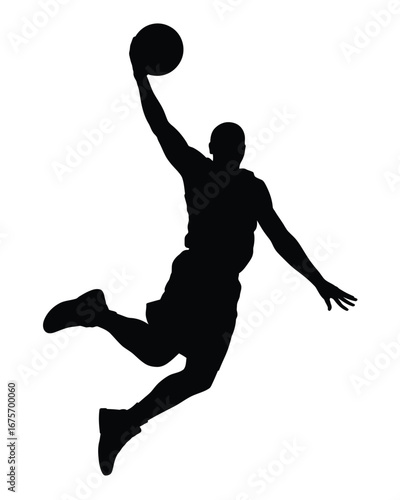 Dynamic silhouette vector illustration of a basketball player dunking a ball scalable eps silhouette vector illustration white background