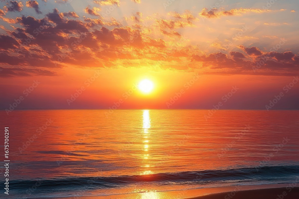 Obraz premium Vibrant orange and yellow sunset over calm ocean waters with scattered clouds reflecting light, serene and peaceful beach scene