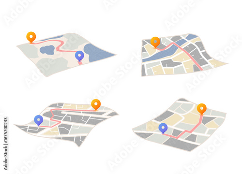 Set of 4 paper city layouts with location pins and routes. Paper effect with parks, water areas, location icons. 3D perspective vector illustration