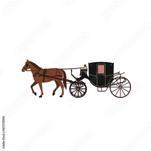 A classic horse-drawn carriage, featuring a brown horse and dark carriage, is depicted against a black backdrop.