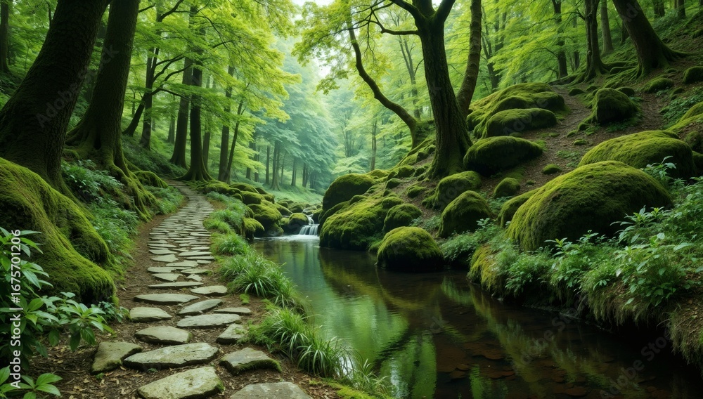 Obraz premium A lush green forest path winds beside a stream, mossy rocks and verdant foliage abound in nature.