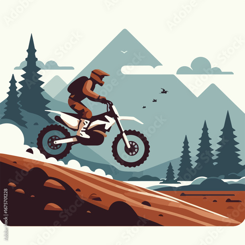 Trail bike rider on the mountain with a simple and minimalist flat design using a white background