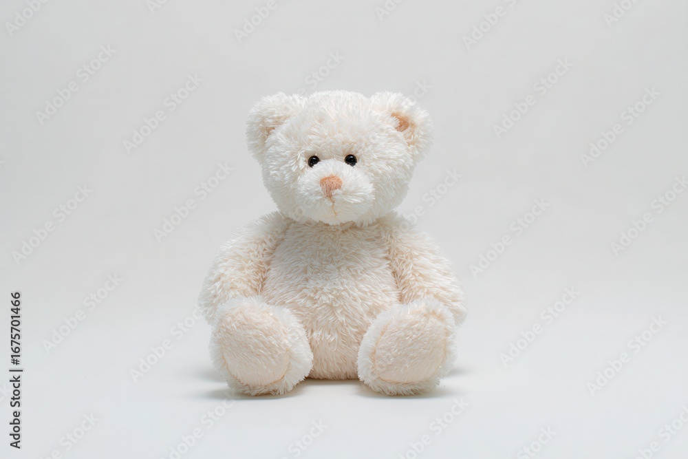 Obraz premium White teddy bear sitting on a plain white background, showcasing its soft fur and gentle expression, perfect for children's rooms or gift occasions and evoking feelings of comfort