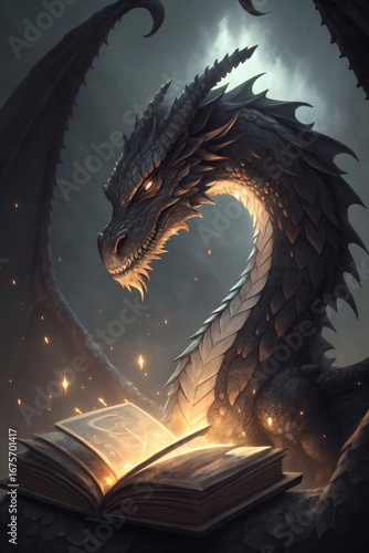 Romantasy Dragon Guarding an Open Book with Glowing Runes
