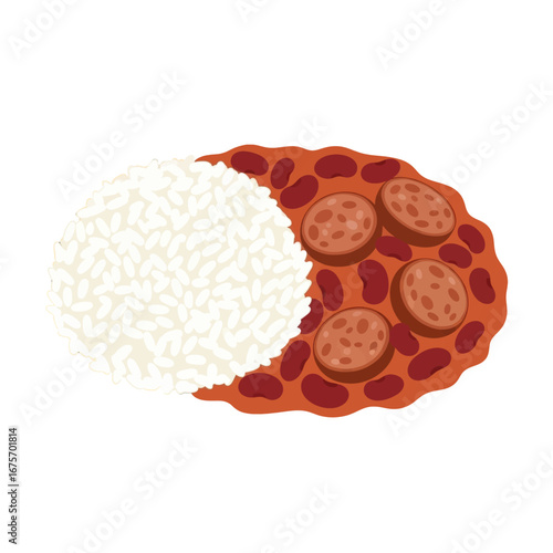 A colorful illustration shows a portion of rice and red beans with sausage.