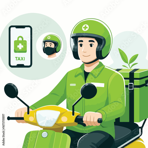 Online motorcycle taxi driver with a green helmet with a simple and minimalist flat design using a white background