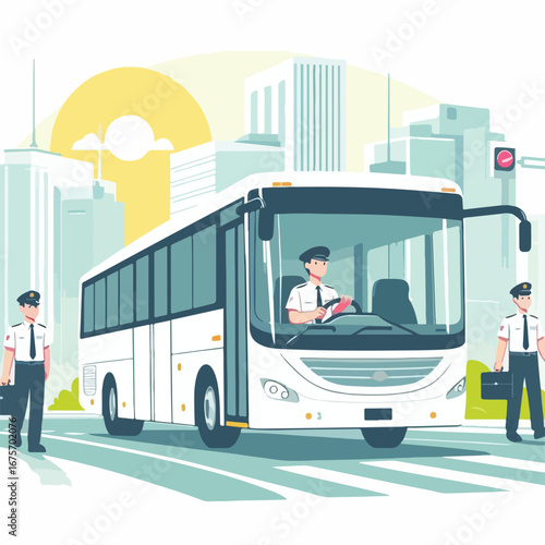 City bus driver in a uniform with a simple and minimalist flat design using a white background