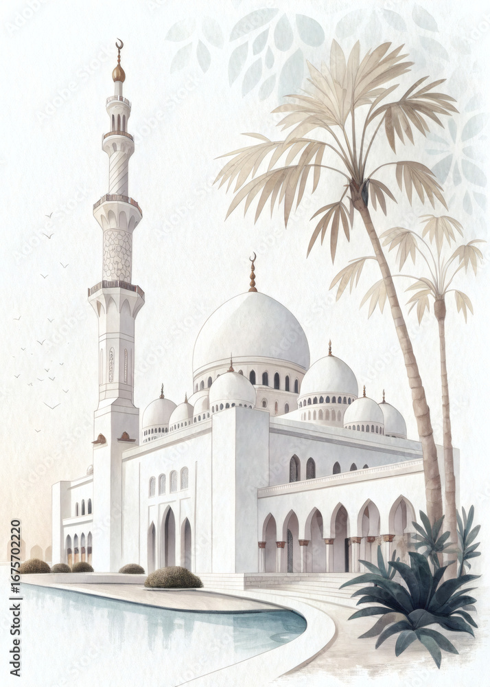 Obraz premium White Mosque with Palm Trees Soft Minimal Architecture Illustration