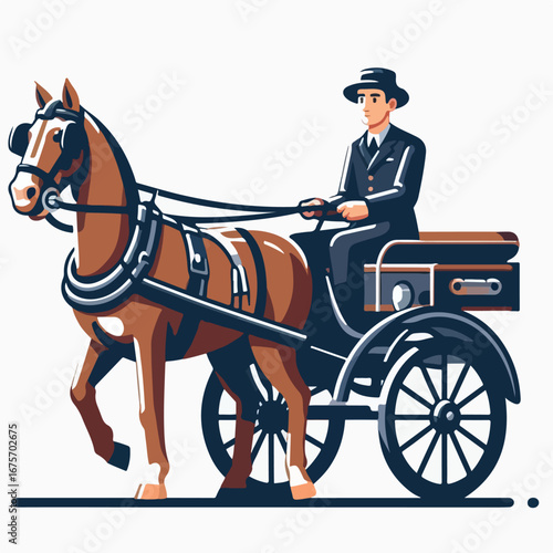 A horse-drawn carriage driver with a simple and minimalist flat design using a white background.
