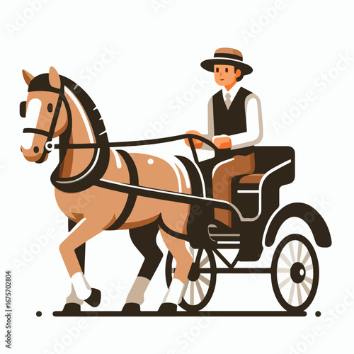 A horse-drawn carriage driver with a simple and minimalist flat design using a white background.