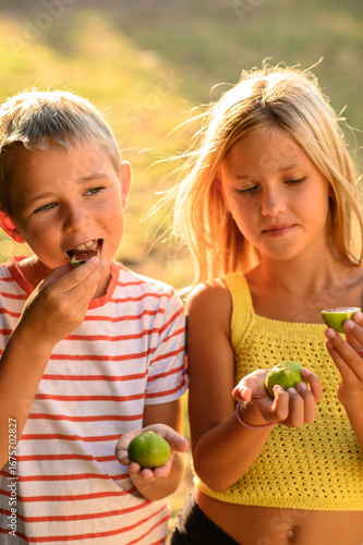 Wallpaper Mural Blonde boy and girl biting fresh red figs, laughing and playing together in warm summer sunlight, symbolizing joyful childhood, healthy eating and Mediterranean lifestyle. Torontodigital.ca