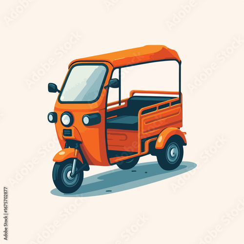 Orange bajaj driver with simple and minimalist flat design using white background